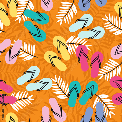 Summer Beach Flip Flops and Palm Leaves Vector Seamless Pattern