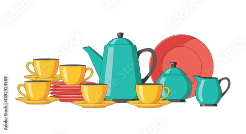 Vibrant collection of colorful ceramic tea and coffee service items including yellow cups saucers and aqua serving pieces for beverage enjoyment