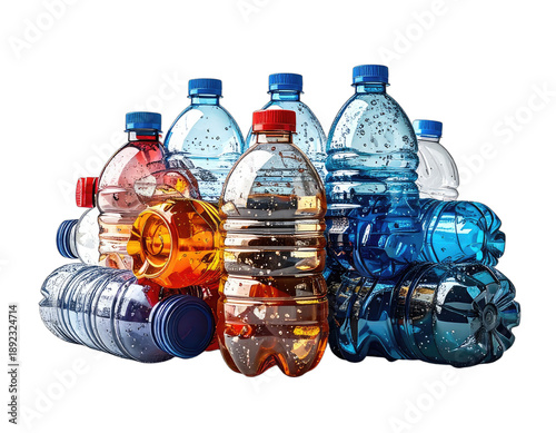 A cluster of colorful transparent bottles, some with contents and condensation, against a black backdrop
