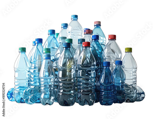 Grouped array of transparent, sealed plastic bottles, varying shades of blue and color-coded caps