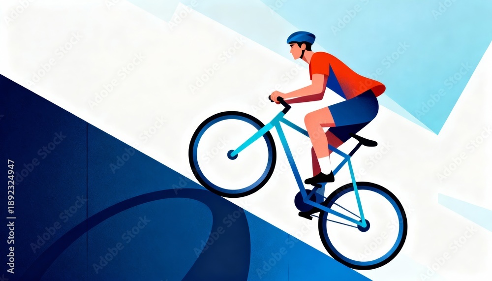 Fototapeta premium A cyclist rides uphill in a vibrant, stylized illustration, showcasing strength and determination against a geometric backdrop.