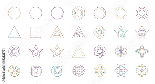 Collection of intricate geometric dot line art shapes including circles triangles squares stars and complex mandala patterns featuring vibrant multicolored gradients for abstract design