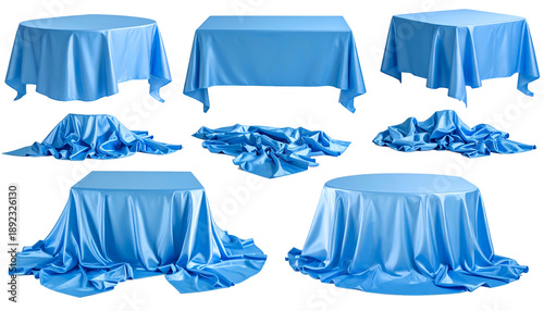 Collection of blue, silk draped tables and surfaces, rendered against a transparent background