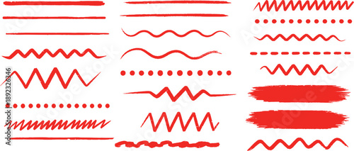 A diverse collection of hand-drawn red lines and brush strokes on a clean white background, featuring various styles like zigzag, wavy, dotted, and straight lines.