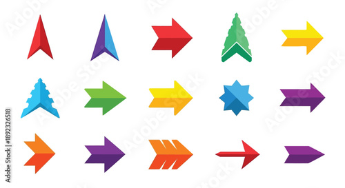 Collection of various colorful rightward pointing arrow icons and abstract navigation shapes perfect for user interface design elements and direction indicators