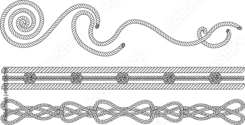 Decorative rope border and knot collection with twisted marine lines nautical ornament elements