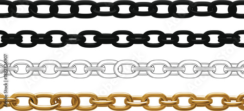 Metal chain link border set in black silver and gold colors decorative horizontal elements
