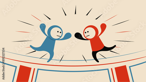 Cartoon kickboxing illustration of two fighters in action kicking and punching in a ring with dynamic motion lines colorful and playful design