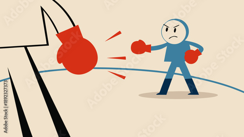 Cartoon person in blue outfit defending against giant boxing glove minimal vector illustration for conflict and resilience themes
