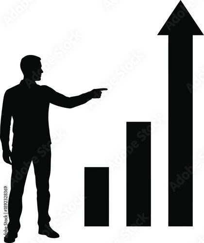 Businessman pointing to growing bar chart with upward trend