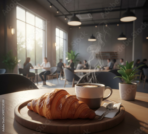 Croissant and coffee on wooden tray at cafe