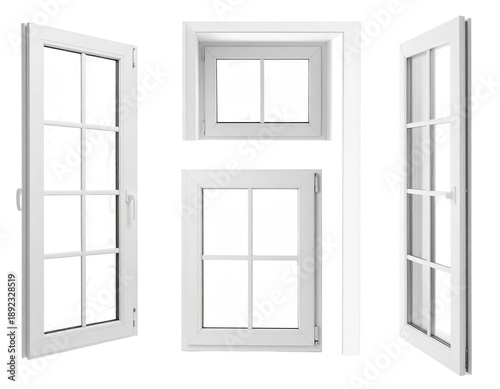 Four white, grid-paned windows of varying sizes, shown from multiple angles