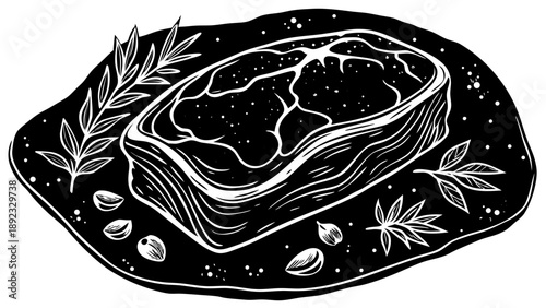 Very beautiful close-up of raw pork meat on dark stone with spices and herbs, emphasizing rustic styling, fresh texture, natural fat layers, and culinary preparation details.  white background
