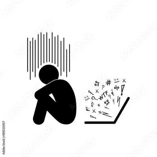 Cyberbullying icon, Social media harassment, depressed unhappy person hate speech victim. flat vector illustration design