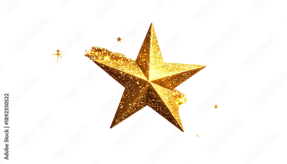 Fototapeta premium A golden, glittering five-pointed star with some detached sparkles on a black background