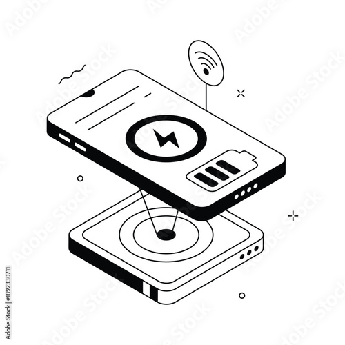 A sleek isometric illustration of wireless charging technology device