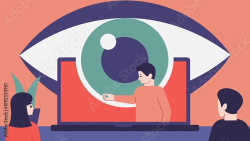 Cartoon style flat vector illustration of a large abstract eye on a laptop screen with people around symbolizing surveillance and technology
