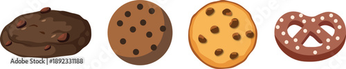 Vector illustration set of cookies and biscuits with chocolate chip sandwich and assorted sweet bakery treats
