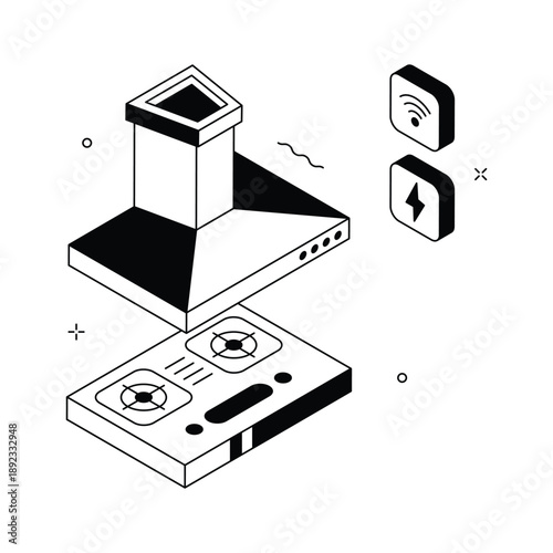 A visually appealing isometric illustration of smart kitchen hood
