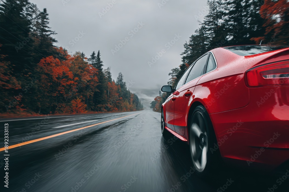 Naklejka premium Red hatchback speeding along a forest road with motion blur