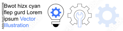 Innovation, technology, engineering, problem-solving, creativity, industrial design. A lightbulb with a gear, wrench inside gear and faded gear. Innovation and technology concepts