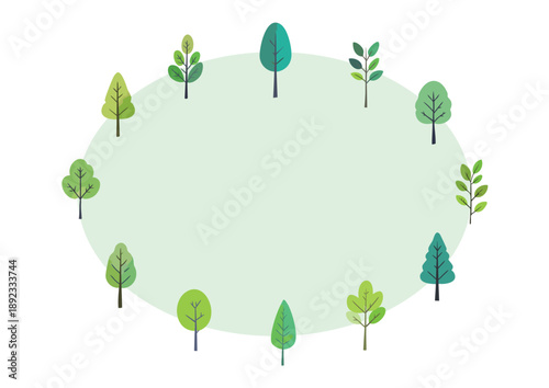 木の楕円形フレーム　樹木の手描き風イラスト　北欧風
