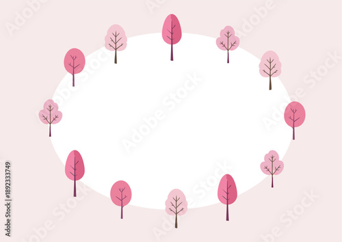 桜の楕円形フレーム　桜の木の手描き風イラスト　北欧風