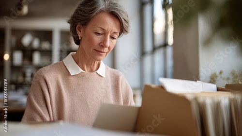 Middle-aged woman with short grey hair, wearing a light pink sweater, sitting at a desk with a stack of papers and a cardboard box in front of her. Free Download Middle-aged woman with short grey hair, wearing a light pink sweater, sitting at a desk with a stack of papers and a cardboard box in front of her. - GFXLoad