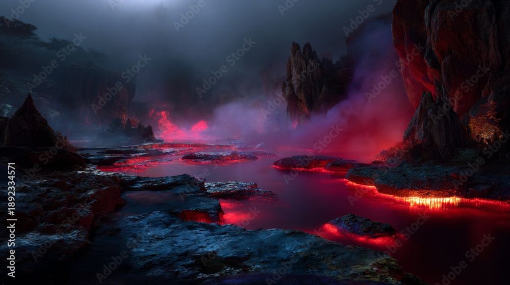 Fototapeta premium infernal hot springs of the underworld, demonic volcanic oasis in hell, otherworldly molten bath in dark fantasy realm