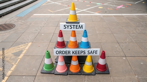 Traffic Cones Form Pyramid With System Order Keeps Safe Message