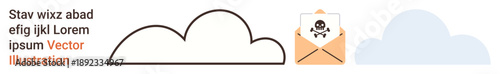 Cyberattacks, email security, cloud storage risk, phishing, digital protection, data safety. An email envelope with a malware icon inside clouds. Cybersecurity and email security concept