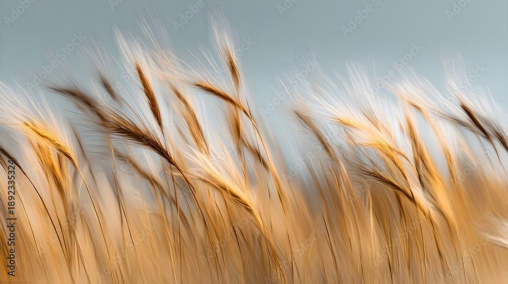 Fototapeta premium Golden wheat stalks swaying gently in the breeze against a soft blue sky with warm sunlight