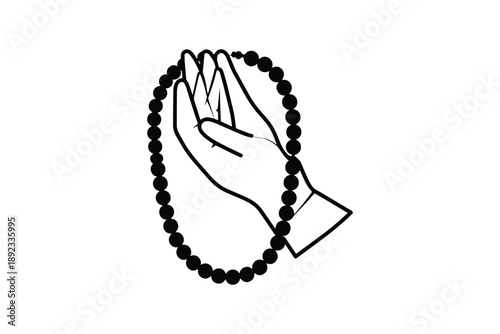 Outlined hand holding rosary beads in an upward direction on a white background