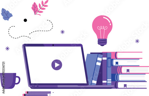 Online learning workspace illustration with laptop books light bulb and coffee creative study concept