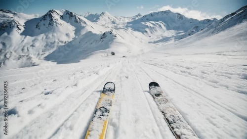 Wallpaper Mural Point of view skier glides between snowy alpine peaks with bright sun overhead and smooth white slope ahead delivering exhilarating winter sports freedom travel adventure  Torontodigital.ca
