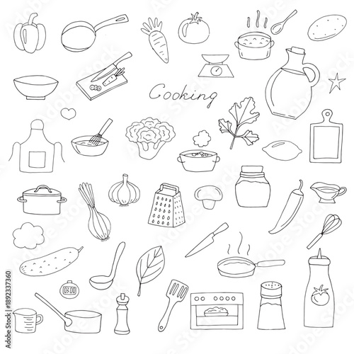 Hand Drawn Cooking Doodles Set – Kitchen Utensils and Food Line Art