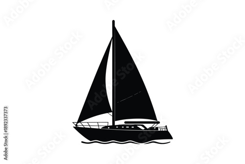 Sailing boat with large triangular sails moving on blue wavy water isolated white background