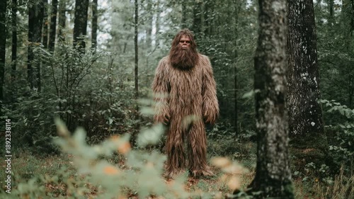 Wallpaper Mural Bigfoot walks slowly through misty forest clearing among tall trees conjuring mysterious fairytale atmosphere wilderness exploration and legendary creature lore Torontodigital.ca