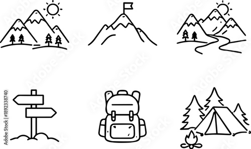 Mountain Adventure and Hiking Icons Vector