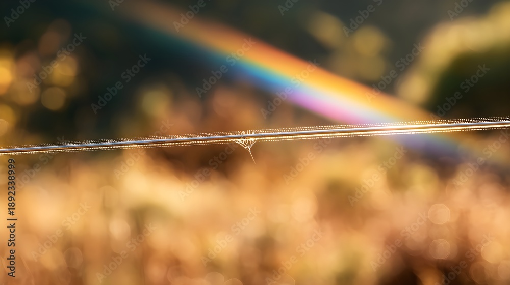 Fototapeta premium Delicate strand of spider silk glistens with dew under a vibrant rainbow in a sunny natural setting with blurred background