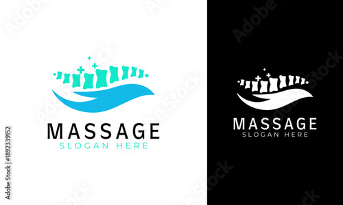 Massage logo design. Symbol with hand and spine concept for physiotherapy. Orthopedic vector template