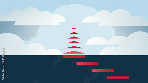 Minimalist flat vector illustration of red stepping stones floating in air leading to clouds symbolizing progress and goals