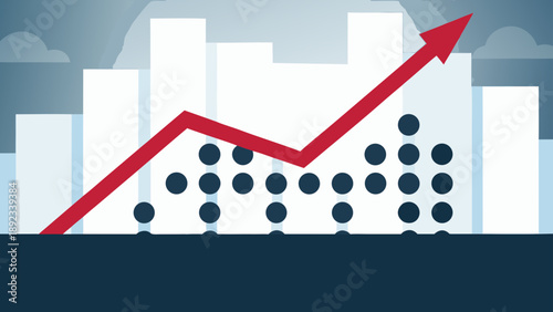 Modern flat vector graphic showing ascending dots forming a growth chart with a red arrow on a city skyline background