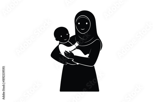 Mother holding baby wearing hijab black and white silhouette icon on isolated background vector
