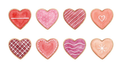 Heart shaped cookie set including red and pink watercolor iced biscuits with dots, stripes, and patterns isolated. Valentine's Day and wedding dessert collection.
