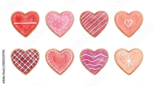 Heart shaped cookie set including red and pink watercolor iced biscuits with dots, stripes, and patterns isolated. Valentine's Day and wedding dessert collection.