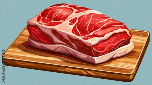Very beautiful close-up of fresh raw beef steak on a wooden cutting board, showcasing fine marbling, clean cut edges, rich color, and premium butcher quality.
