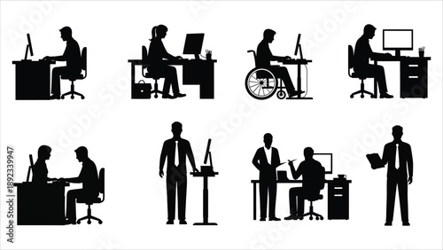 Office Work Silhouette Collection of Employees Using Computers, Collaborating and Presenting.eps
