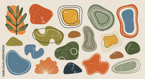 Boho shapes and botanical element vintage style in muted earthy tone palette illustration