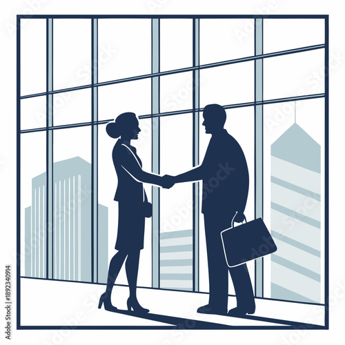 Business professionals sealing a deal with a handshake in a modern office environment.